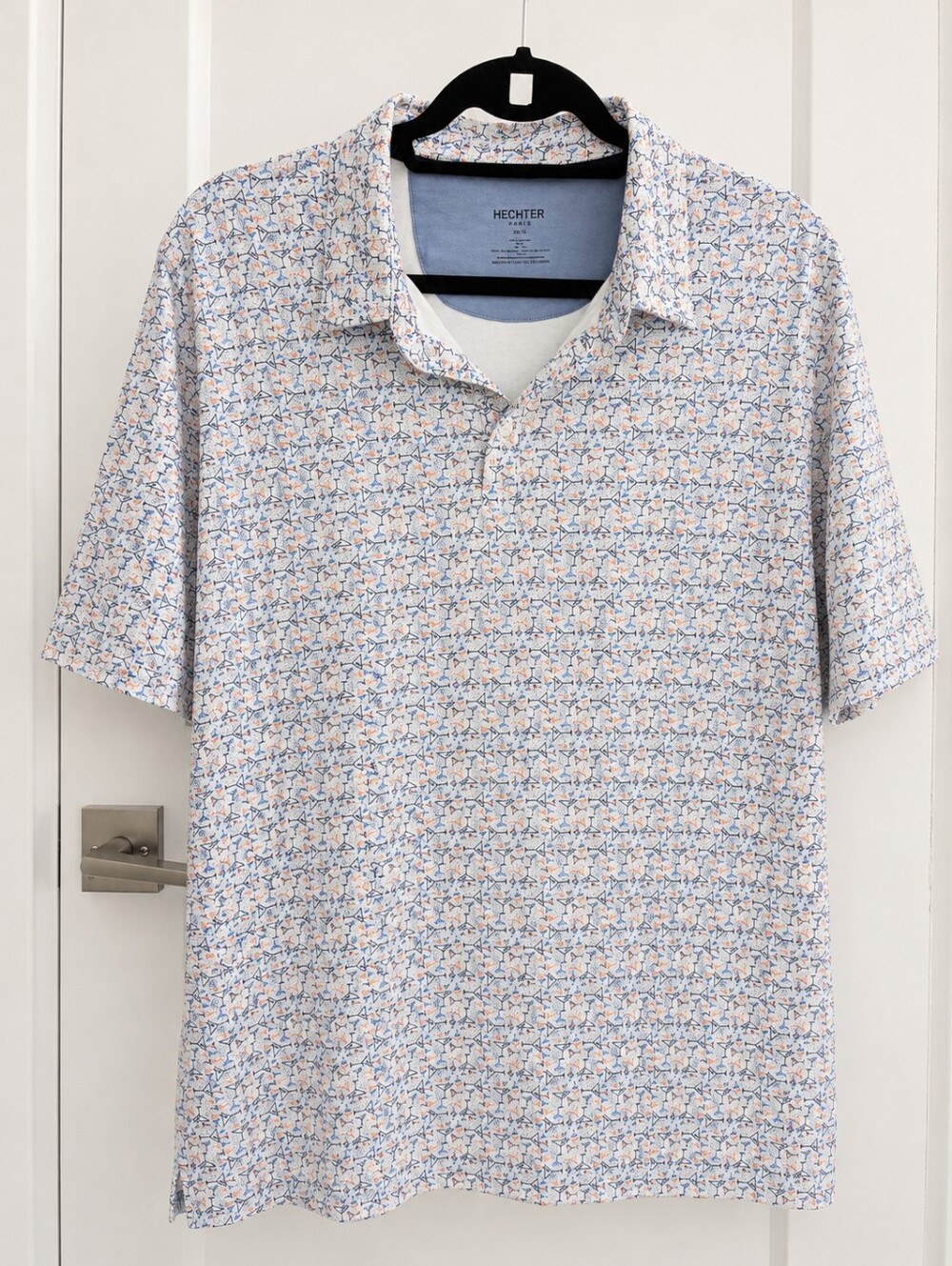 HECHTER Men's Short Sleeve Polo in White with Blue & Orange Martini Micro Print